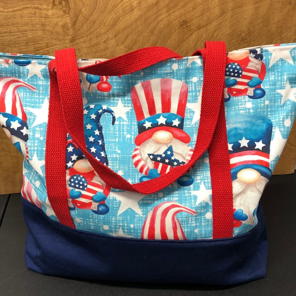 Gnome Canvas Tote Bag Large 4th of July Red White Blue Patriotic Flag